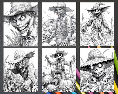 Horror Scarecrow Halloween Adult Coloring Pages Printable PDF Instant Download