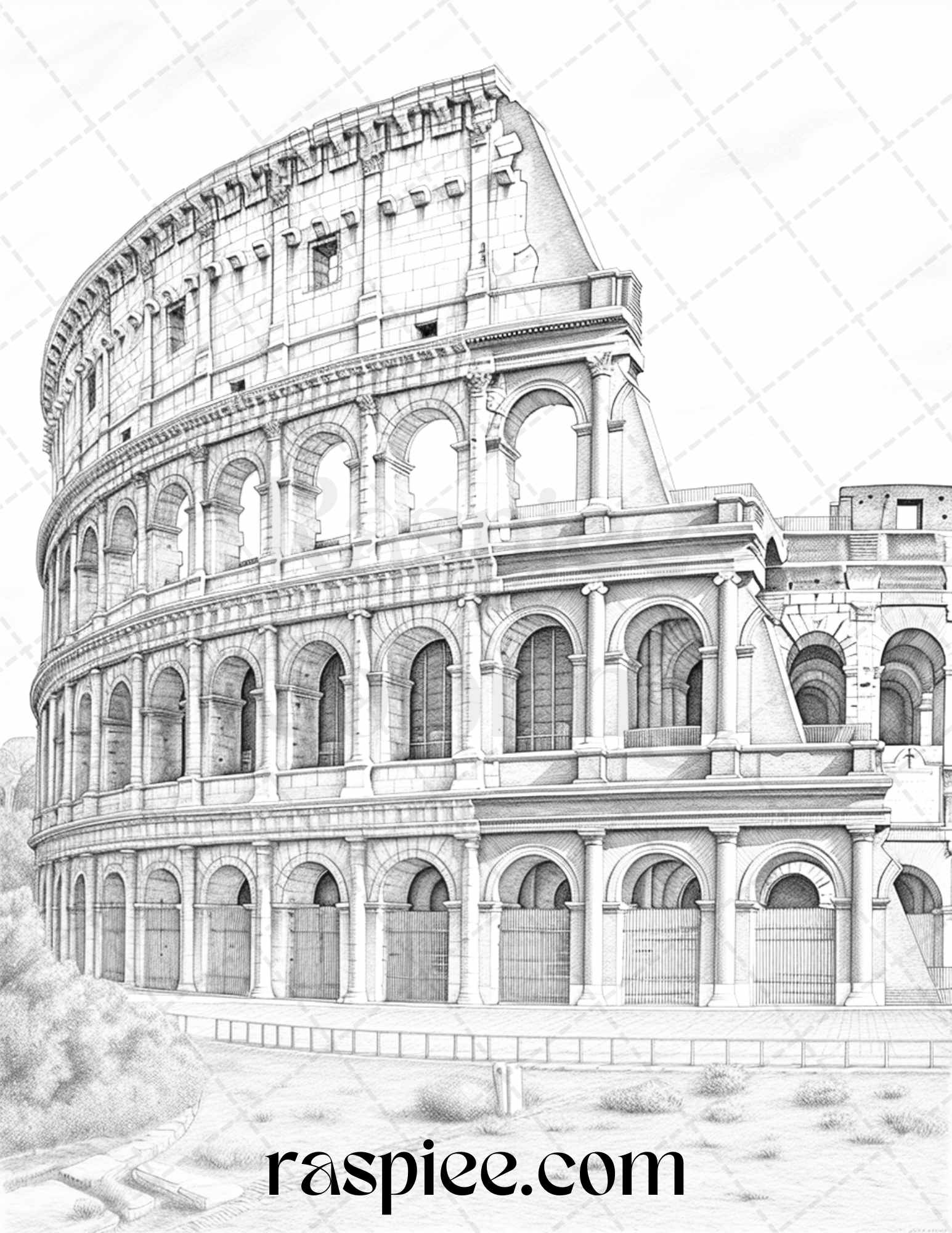 Roman architecture grayscale coloring pages, detailed Colosseum illustrations, printable adult coloring, ancient Roman columns, intricate architectural designs