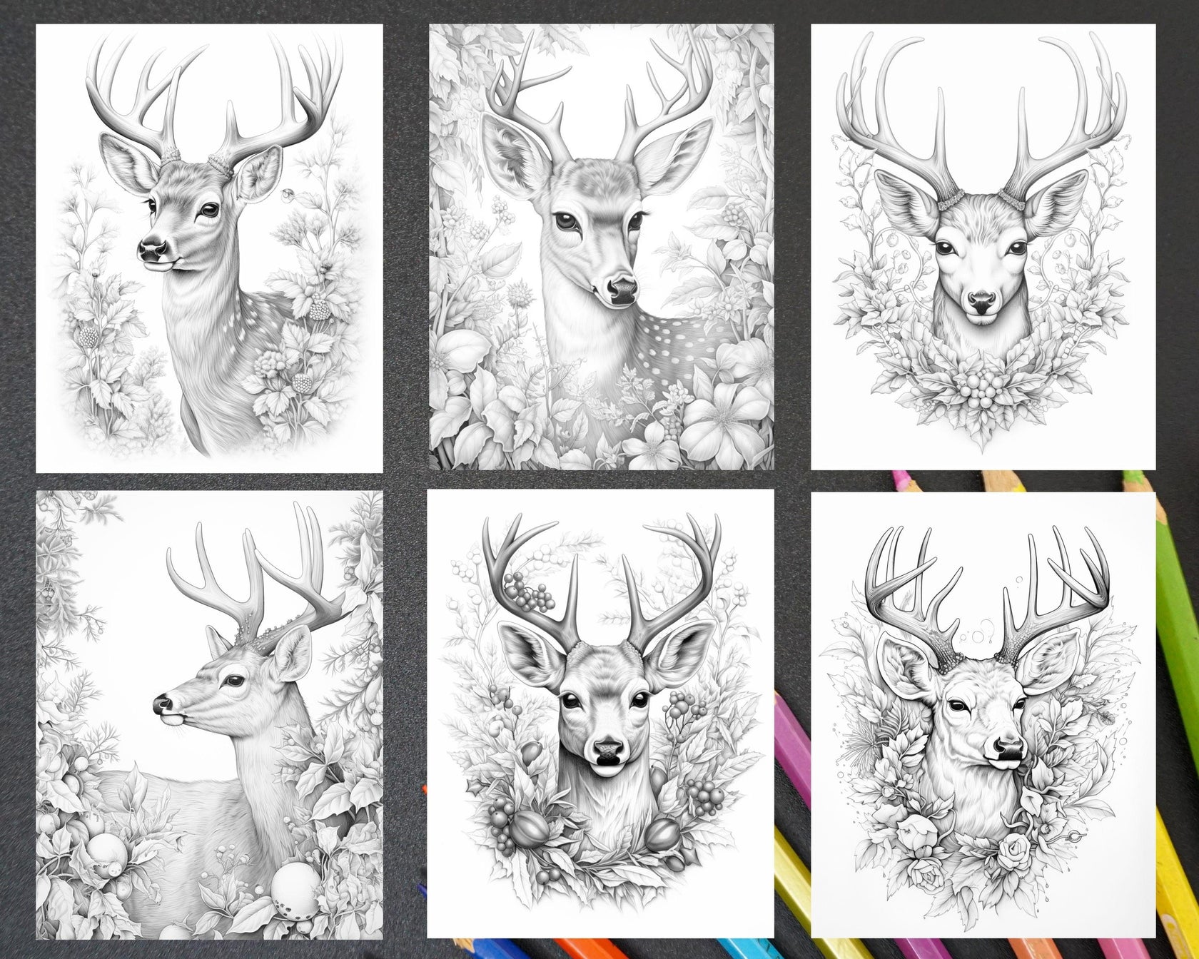 50 Christmas Deer Grayscale Coloring Pages for Adults, Printable PDF I ...