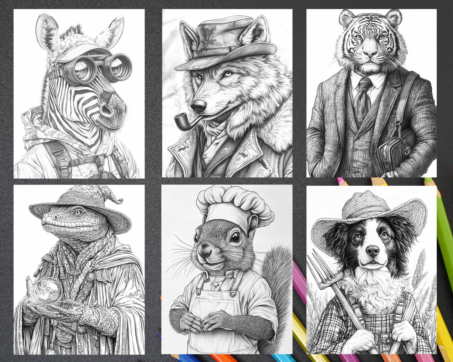 96 Animals Dressed Up Adult Coloring Pages