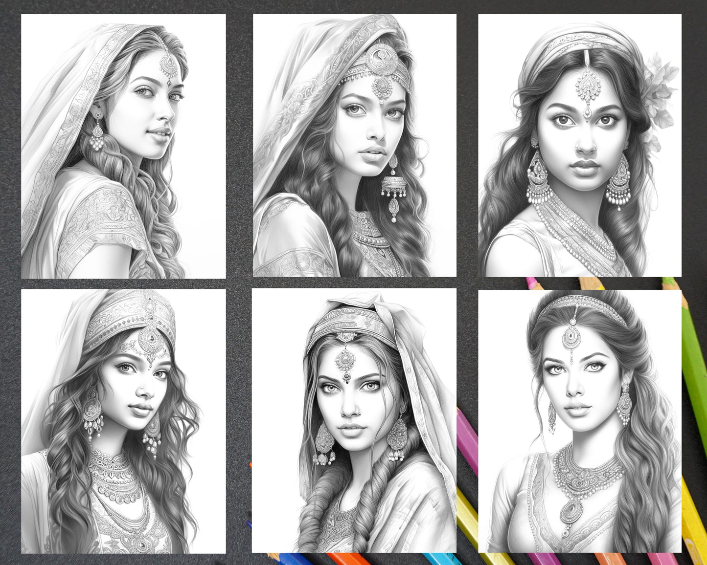 Indian Women Grayscale Coloring Pages, Stress Relief Adult Coloring Sheets, Mindful Coloring Activities for Relaxation, Detailed India Inspired Coloring Designs, Women Empowerment Coloring Pages, Portrait Coloring Pages for Adults