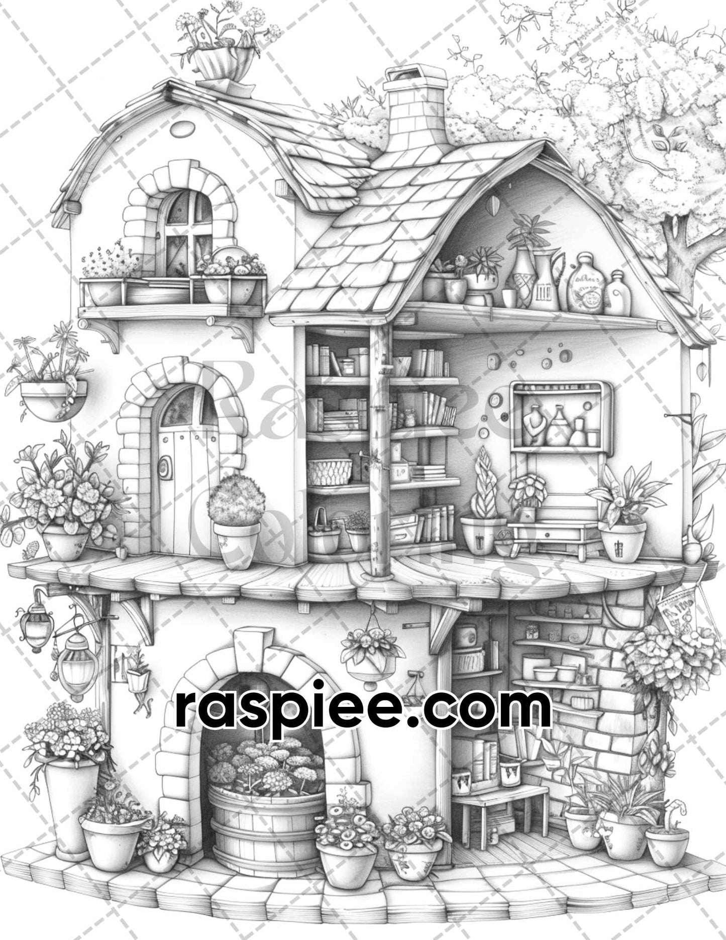 adult coloring pages, adult coloring sheets, adult coloring book pdf, adult coloring book printable, grayscale coloring pages, grayscale coloring books, Isometric House coloring pages for adults, Isometric House coloring book, grayscale illustration