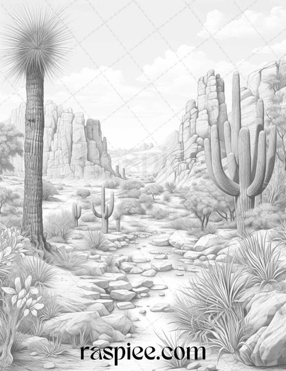 Grayscale Desert Landscapes Printable Adults, Adult Coloring Pages Desert Landscapes, Printable Desert Landscape Coloring Pages, Creative Desert Theme Coloring Prints, Nature Coloring Pages Desert Scenery