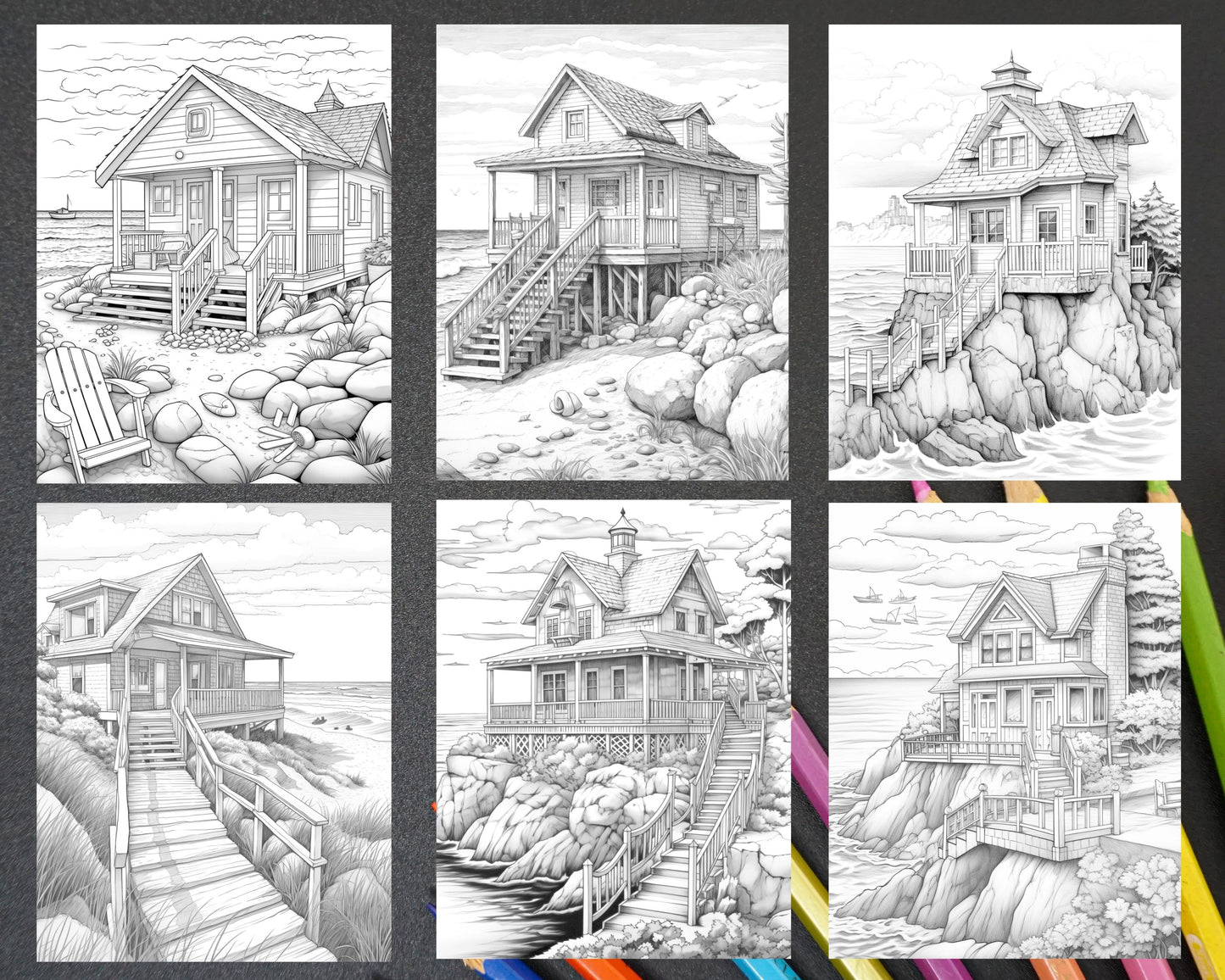 grayscale coloring page with wooden beach house, printable adult coloring page - beach houses