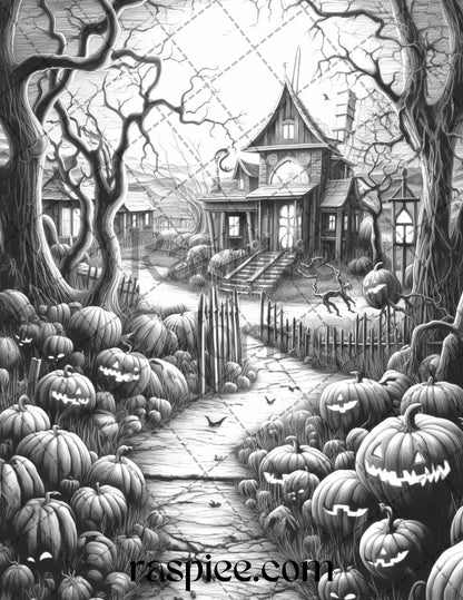 Halloween Nightmare Coloring Pages, Grayscale Adult Coloring Sheets, Printable Spooky Illustrations, Dark Fantasy Art Prints, Haunted House Drawings, Macabre Halloween Images, Creepy Witchcraft Coloring, Ghosts and Ghouls Pages, Hallowen Coloring Pages for Adults, Halloween Grayscale Coloring Pages