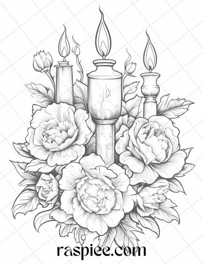 flower candles grayscale coloring pages, printable coloring book for adults, instant download grayscale art, DIY adult coloring, black and white floral coloring, candle drawings for relaxation