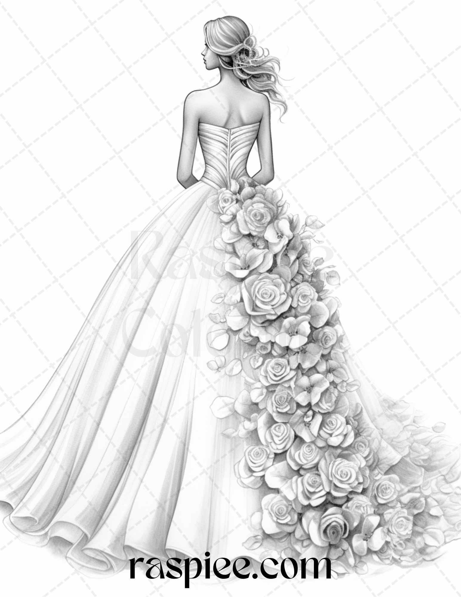 40 Elegant Floral Wedding Dresses Grayscale Coloring Pages