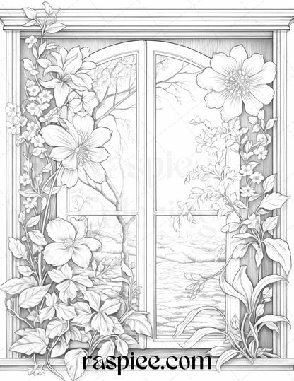 Grayscale Coloring Pages for Adults, Printable Blooming Windows Coloring Sheets, Adult Coloring Art Therapy Printable, Digital Coloring Book for Adults, FLower Coloring Pages for Adults, Mindfulness Coloring Activity Download