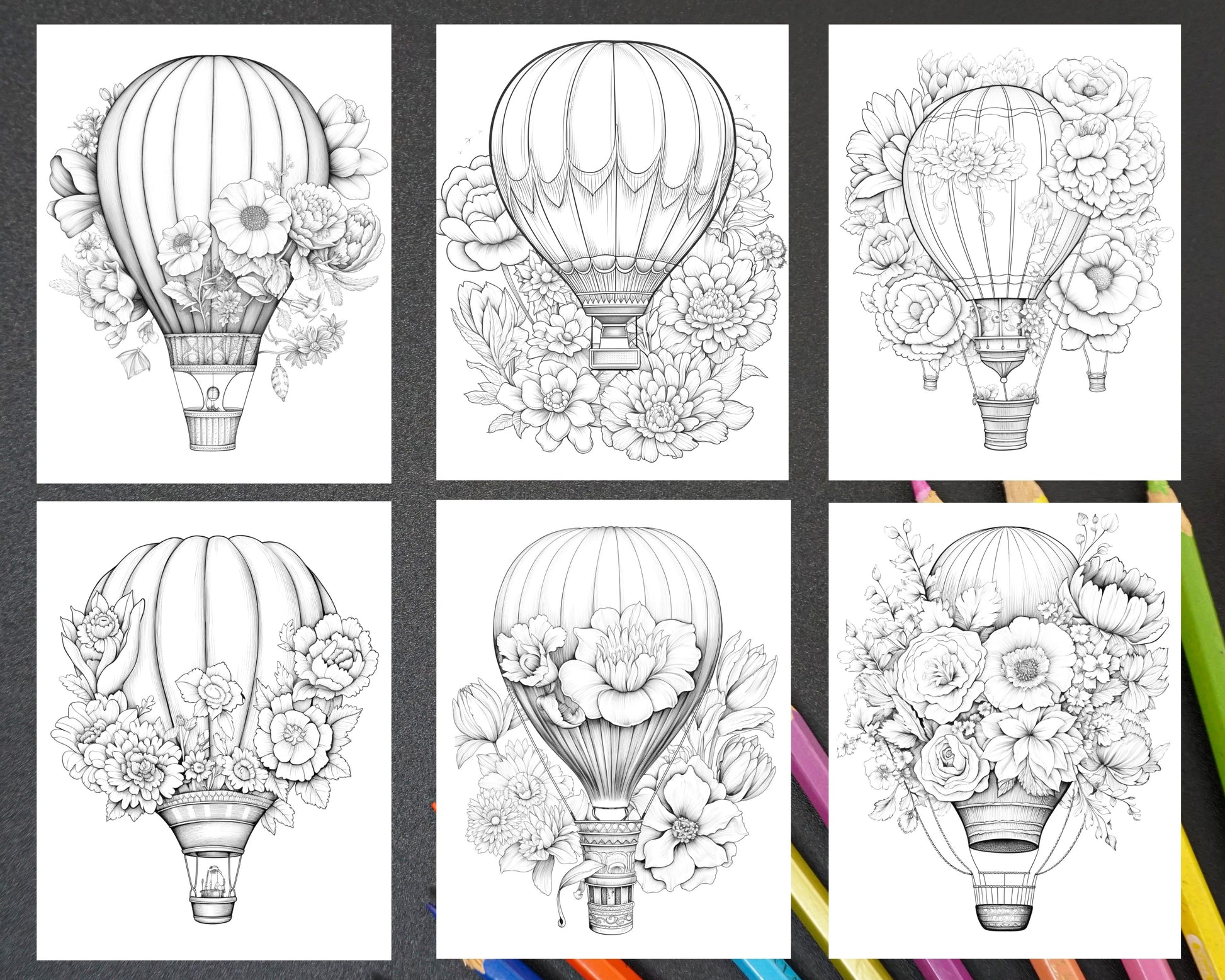 Flower Hot Air Balloons Grayscale Coloring Pages, Printable Coloring Sheets for Adults, DIY Coloring Art Activity, Relaxing Stress Relief Craft, Intricate Black and White Illustrations, High-Quality PDF Coloring Download