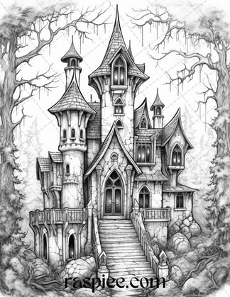 50 Haunted Castles Grayscale Coloring Pages Printable, Halloween Color ...