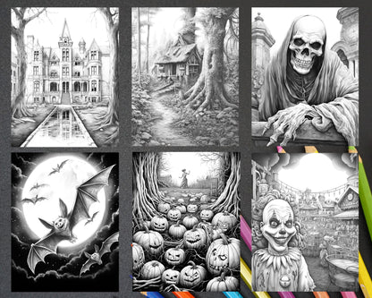 Halloween Grayscale Coloring Pages for Adults, Ghoulish Coloring Sheets Instant Download, Spooky Adult Coloring Printable, Macabre Coloring Patterns Instant Download, Creepy Halloween Coloring Relaxation, Horror-Themed Adult Coloring Pages, Grayscale Coloring Craft for October