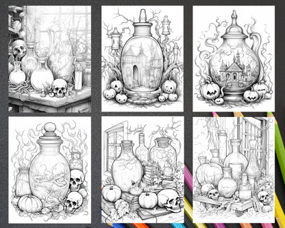 mystical magic potions grayscale coloring pages, printable coloring pages for adults, halloween coloring pages for adults, halloween theme coloring pages