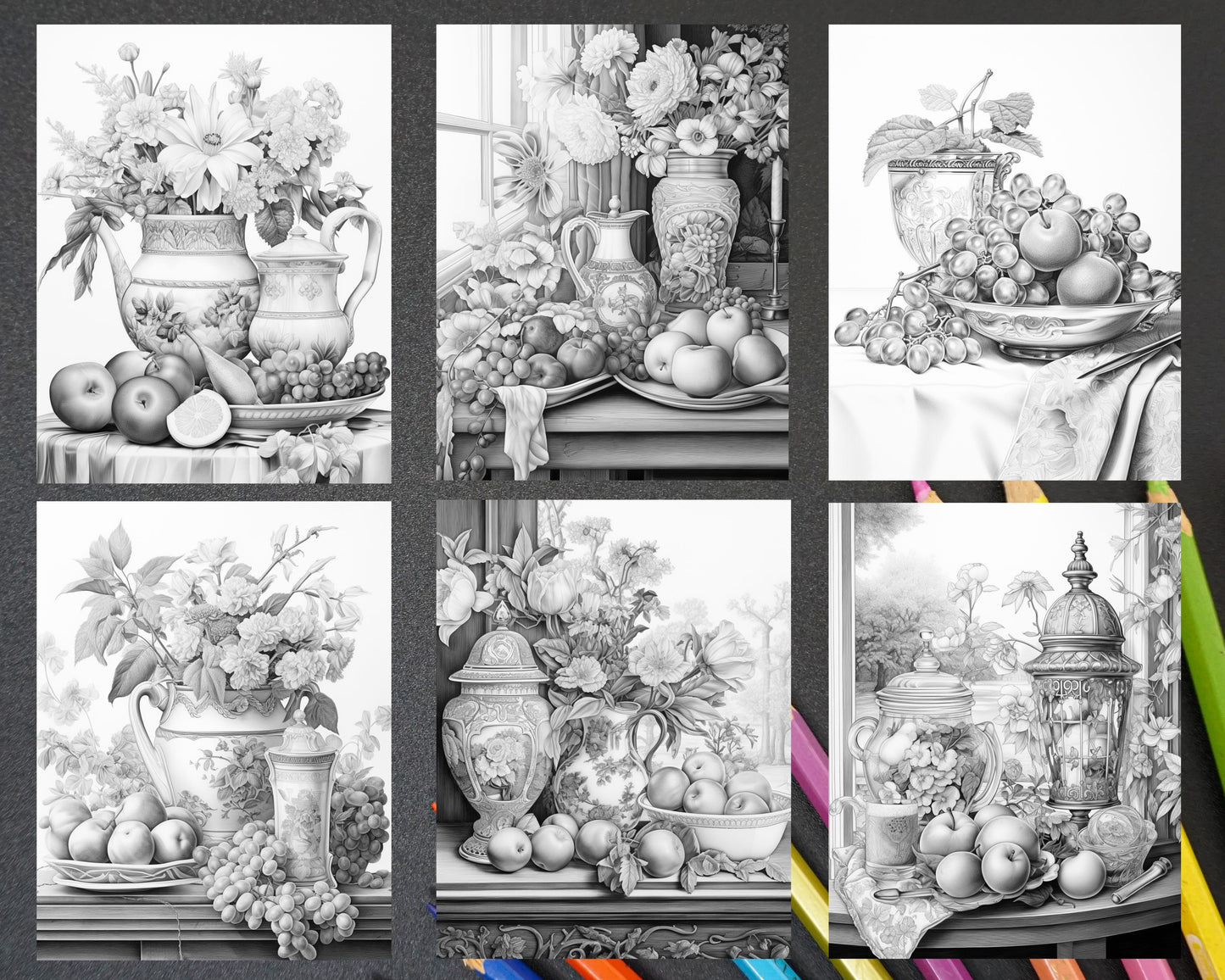 still life grayscale coloring pages, printable coloring pages for adults, grayscale art, stress relief coloring, black and white coloring, grayscale illustrations