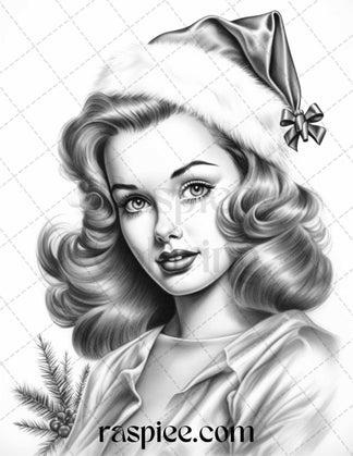 55 Vintage Christmas Pin Up Girls Grayscale Coloring Pages for Adults ...