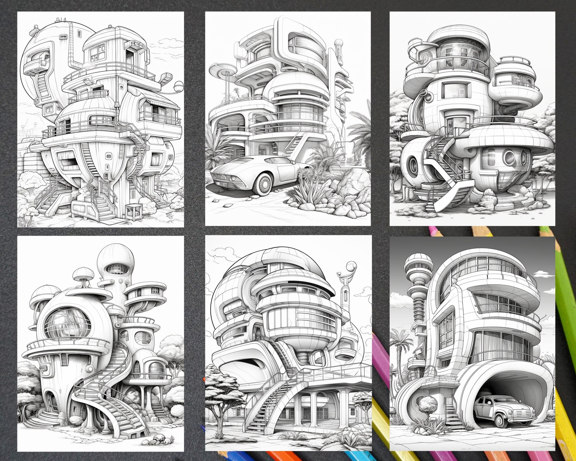 Futuristic Houses Coloring Pages, Printable Adult Coloring, Sci-Fi Architecture Coloring Pages, Urban Future Scenes Coloring Pages, Architecture Coloring Pages