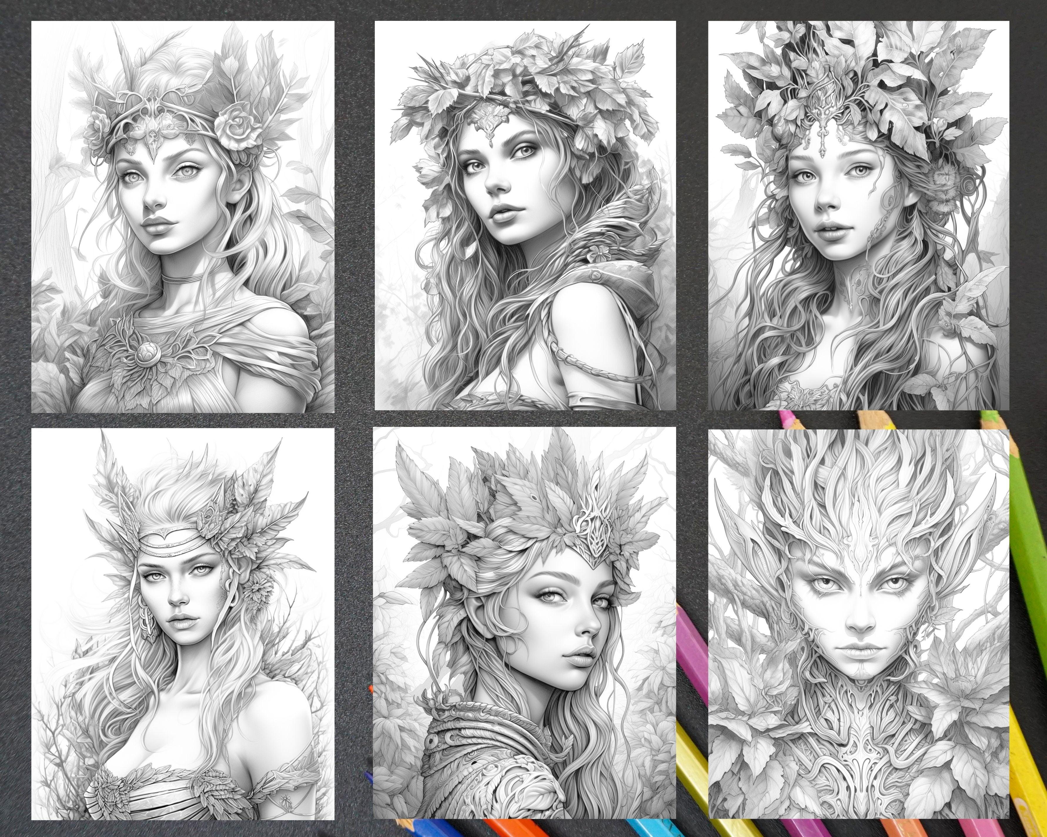 50 Fantasy Forest Elves Grayscale Coloring Pages for Adults, Printable ...