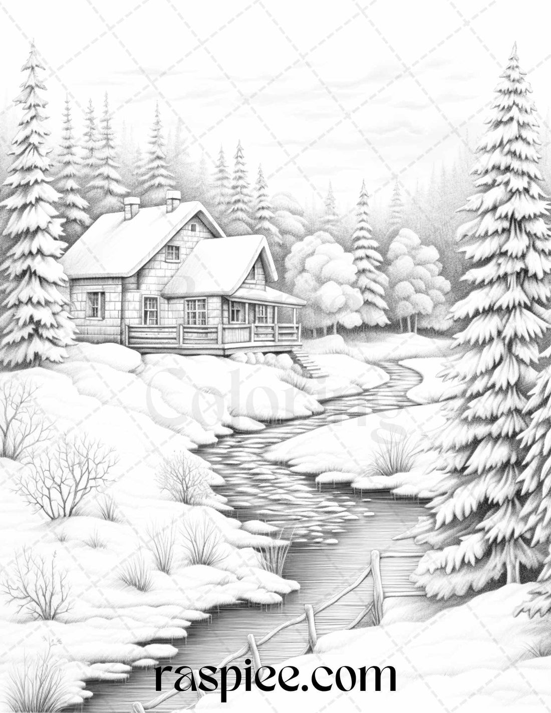 Winter Scenery Grayscale Coloring Pages Printable, Relaxing Snowy Land