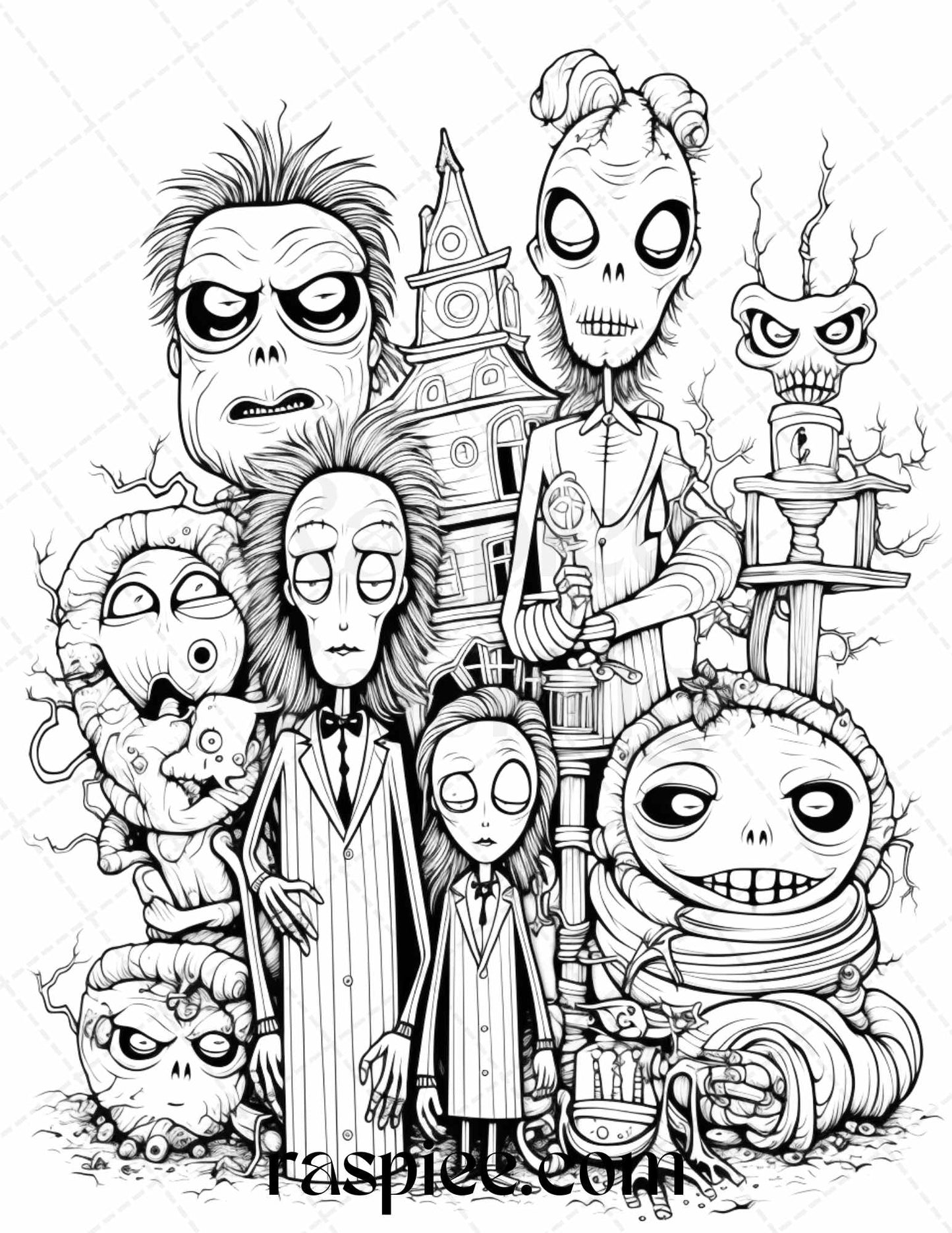 Monster Family Grayscale Coloring Page Printable for Adults, Halloween Coloring Book Instant Download, Fun and Spooky Grayscale Designs, Adult Coloring Pages High-Resolution Art, Scary Creatures Halloween Coloring Sheet