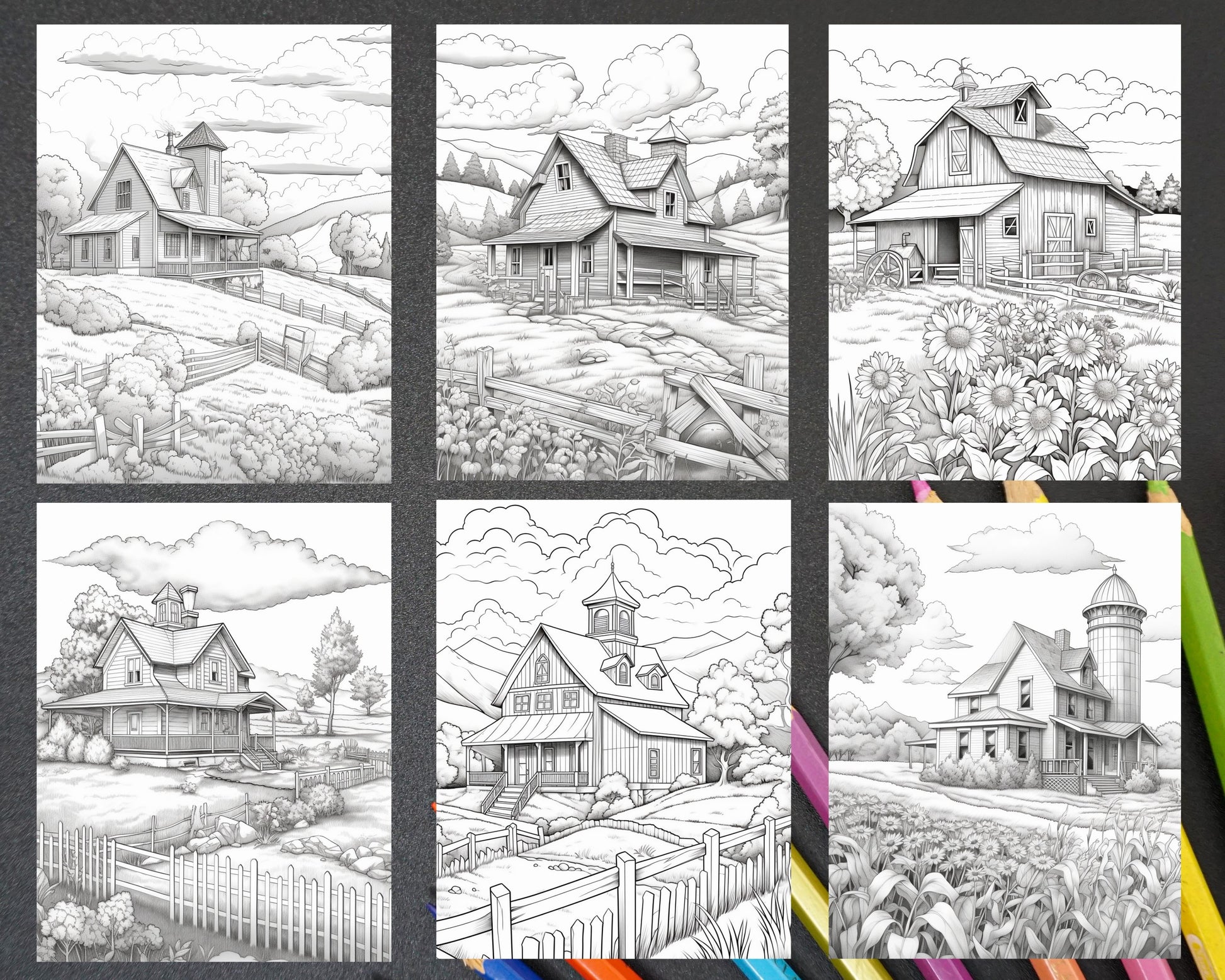 Charming Farmhouse Scenery Grayscale Coloring Page for Adults