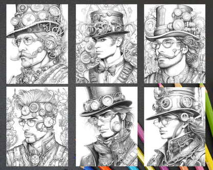 steampunk mens grayscale coloring page, printable adult coloring page - intricate design, detailed grayscale coloring, portrait coloring page