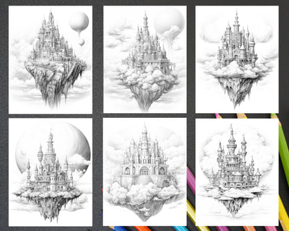 grayscale castle coloring page, fantasy landscape adult coloring, printable aerial castle art, stress-relieving grayscale illustration