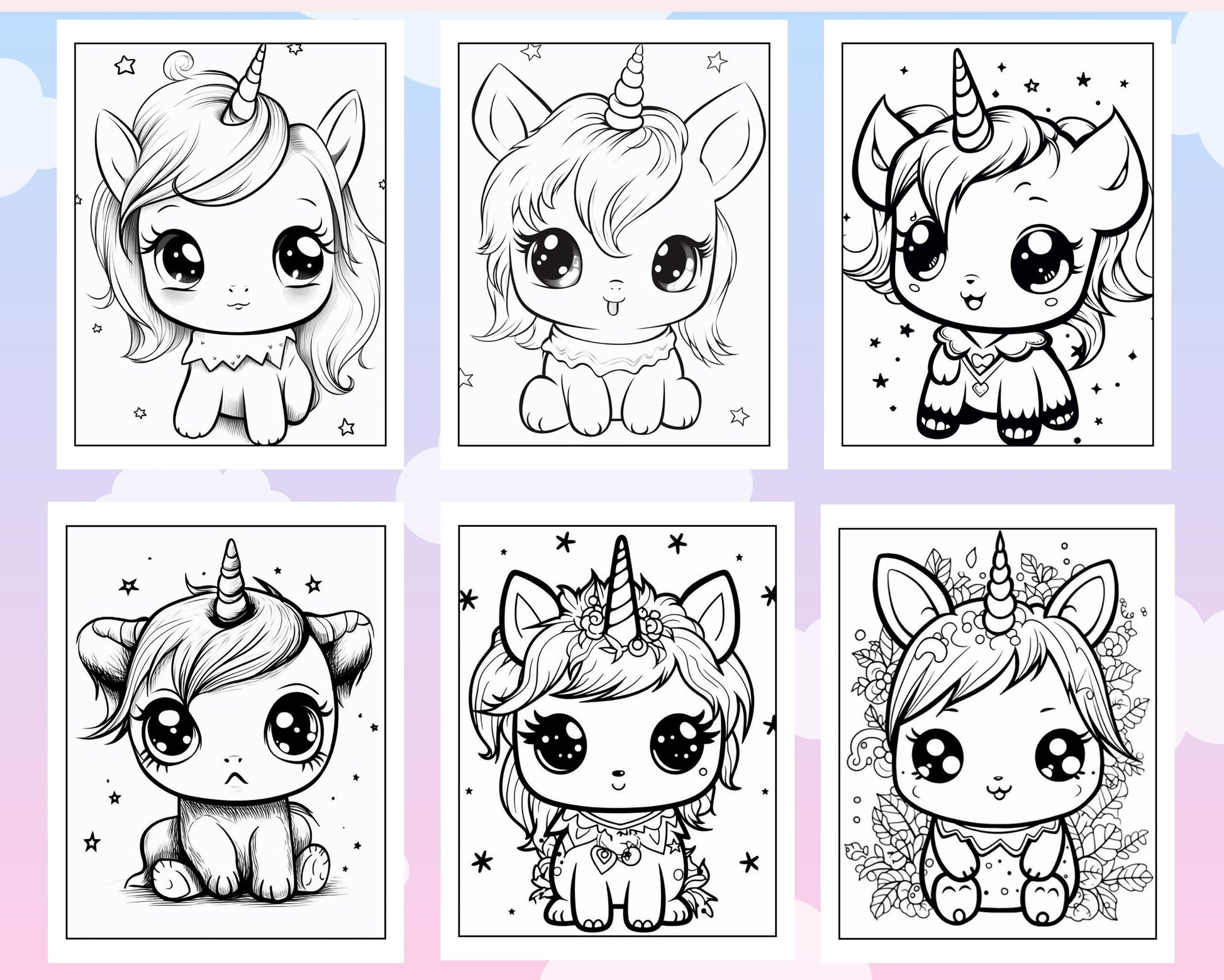150 Adorable Kawaii Unicorn Printable Coloring Pages for Kids, Printable PDF File Instant Download - raspiee