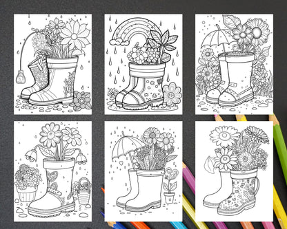 50 Printable Flower Rainboot Coloring Pages for Adults, Floral Grayscale Coloring Page, Printable PDF File Download - raspiee
