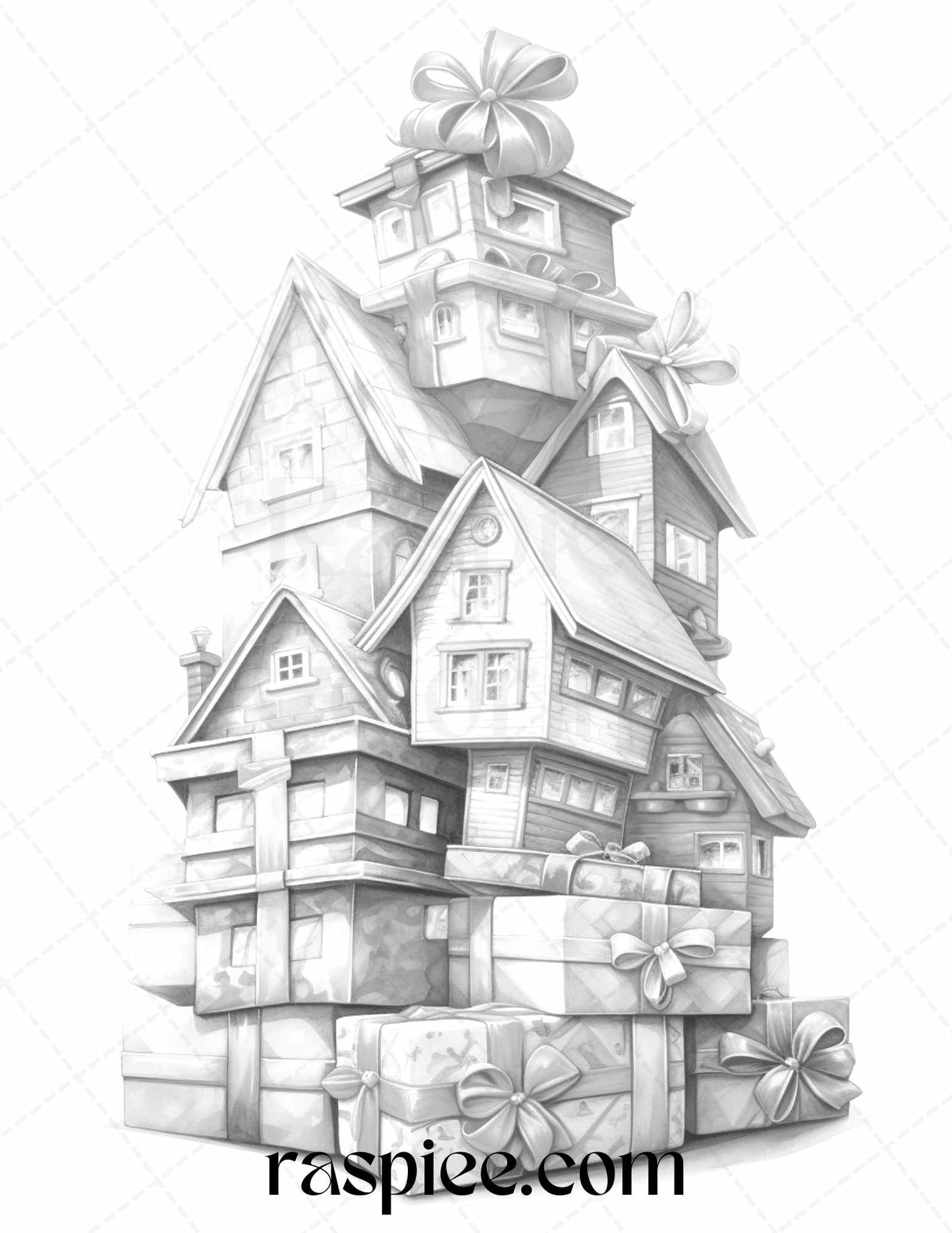 Grayscale Coloring Pages for Adults and Kids, Printable Gift Box Houses Coloring Sheets, Cute Coloring Pages for Adults and Children, DIY Gift Box Coloring for All Ages, Fun and Relaxing Coloring Activities, Creative Art Therapy for Kids and Adults