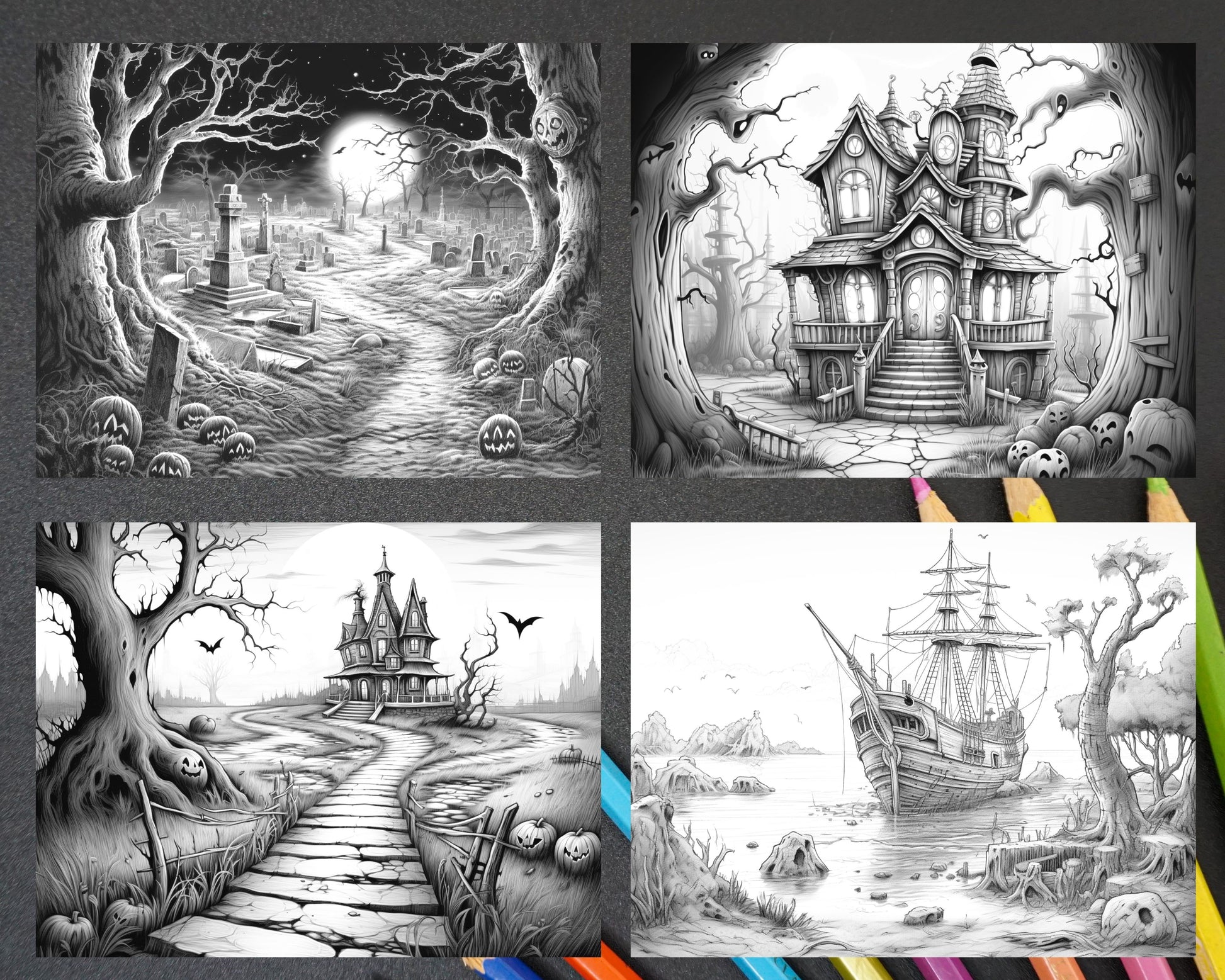 Halloween Landscape Coloring Page, Grayscale Witchcraft Coloring Printable, Spooky Autumn Scene Coloring Sheet, Dark Fantasy Printable Coloring, Haunted Forest Coloring Page, Creepy October Landscape Printable, Witch and Wizard Adult Coloring, Seasonal Grayscale Coloring Page