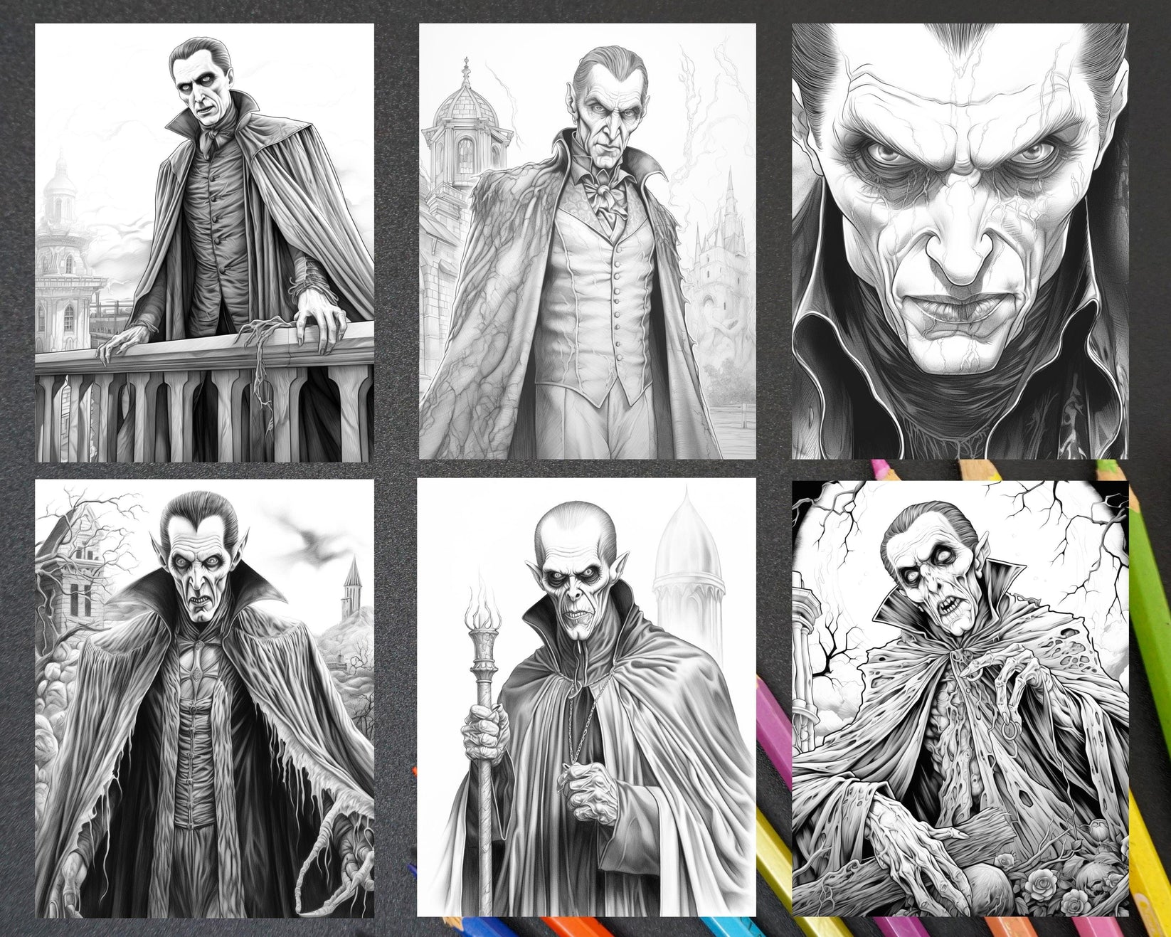 50 Count Dracula Grayscale Coloring Pages Printable for Adults, PDF Fi