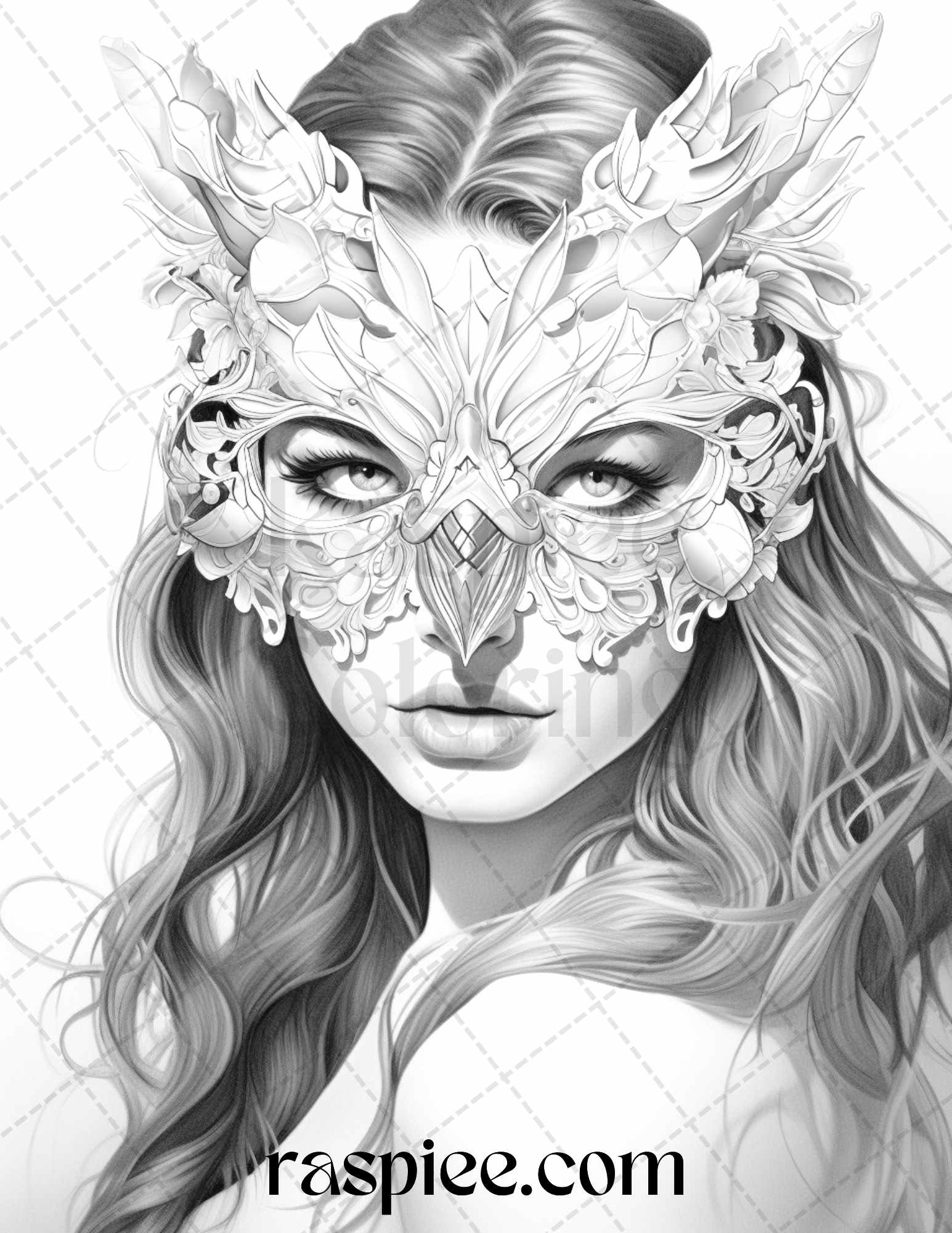Masquerade girls grayscale coloring pages, printable coloring book, DIY art, adult coloring, fantasy grayscale art, portrait coloring pages for adults