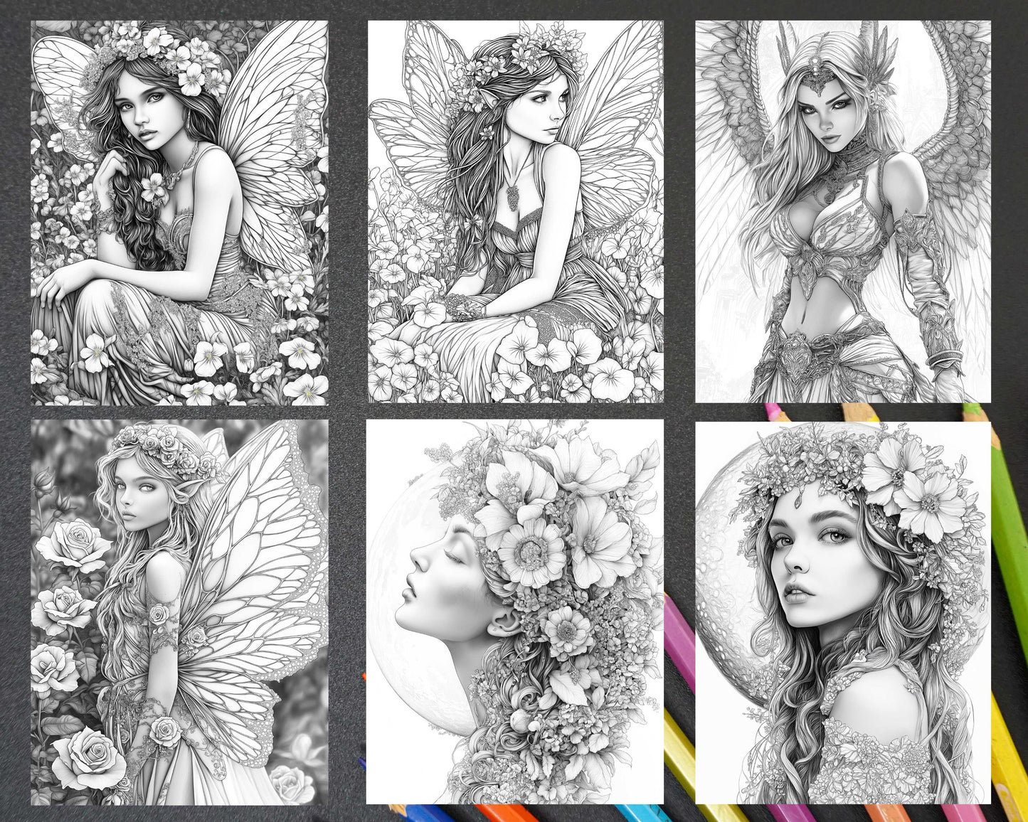 Fairy Beauties Portrait Adult Coloring Pages Printable PDF Instant Download