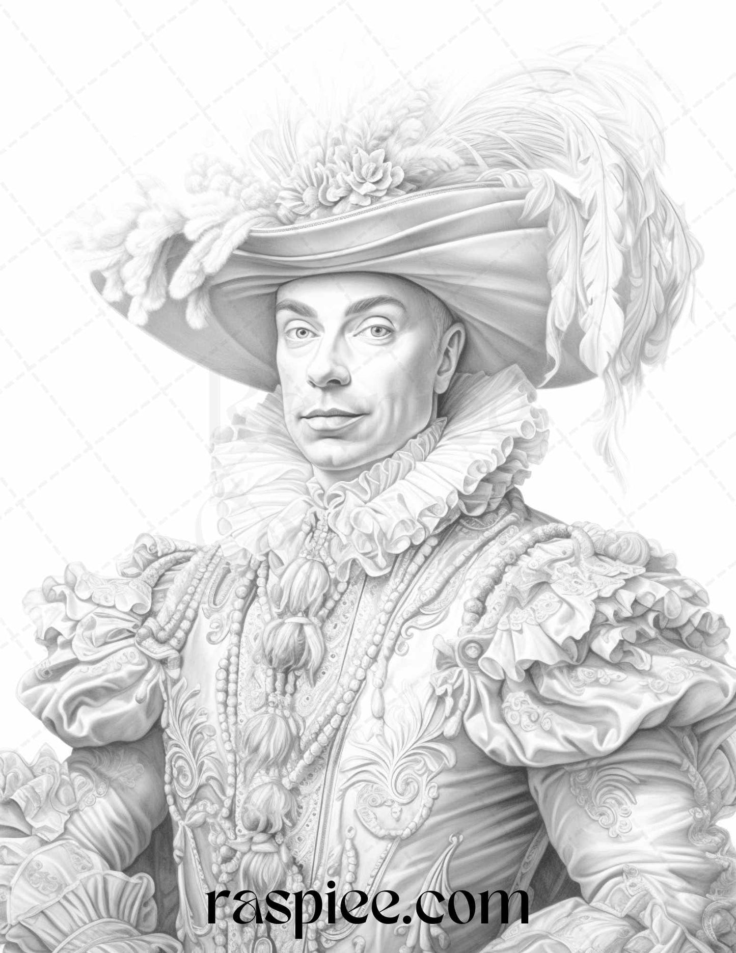 Baroque Man Portrait Grayscale Coloring Pages, Vintage Portraits Printable, High-Quality Grayscale Art, Adult Coloring Book Stress Relief, Intricate Baroque Designs