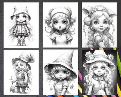 Adorable Gnome Girls Grayscale Coloring Pages, Printable Coloring Sheets, Coloring Book Illustrations, Gnome Art for Adults and Kids