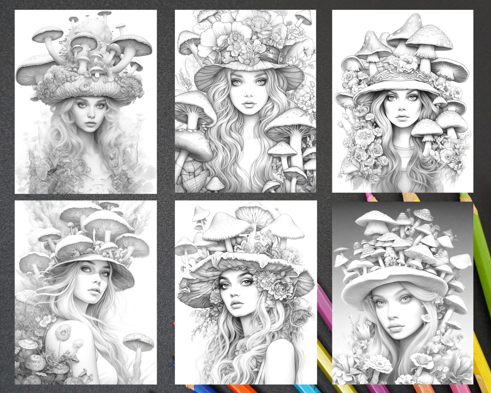 grayscale coloring pages, fairy coloring pages, mushroom art, printable coloring pages, adult coloring book