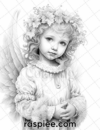 55 Christmas Angel Grayscale Coloring Pages for Adults, Printable PDF ...