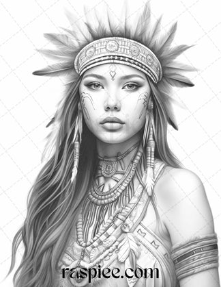 Native American Portrait Grayscale Coloring Pages Printable for Adults ...