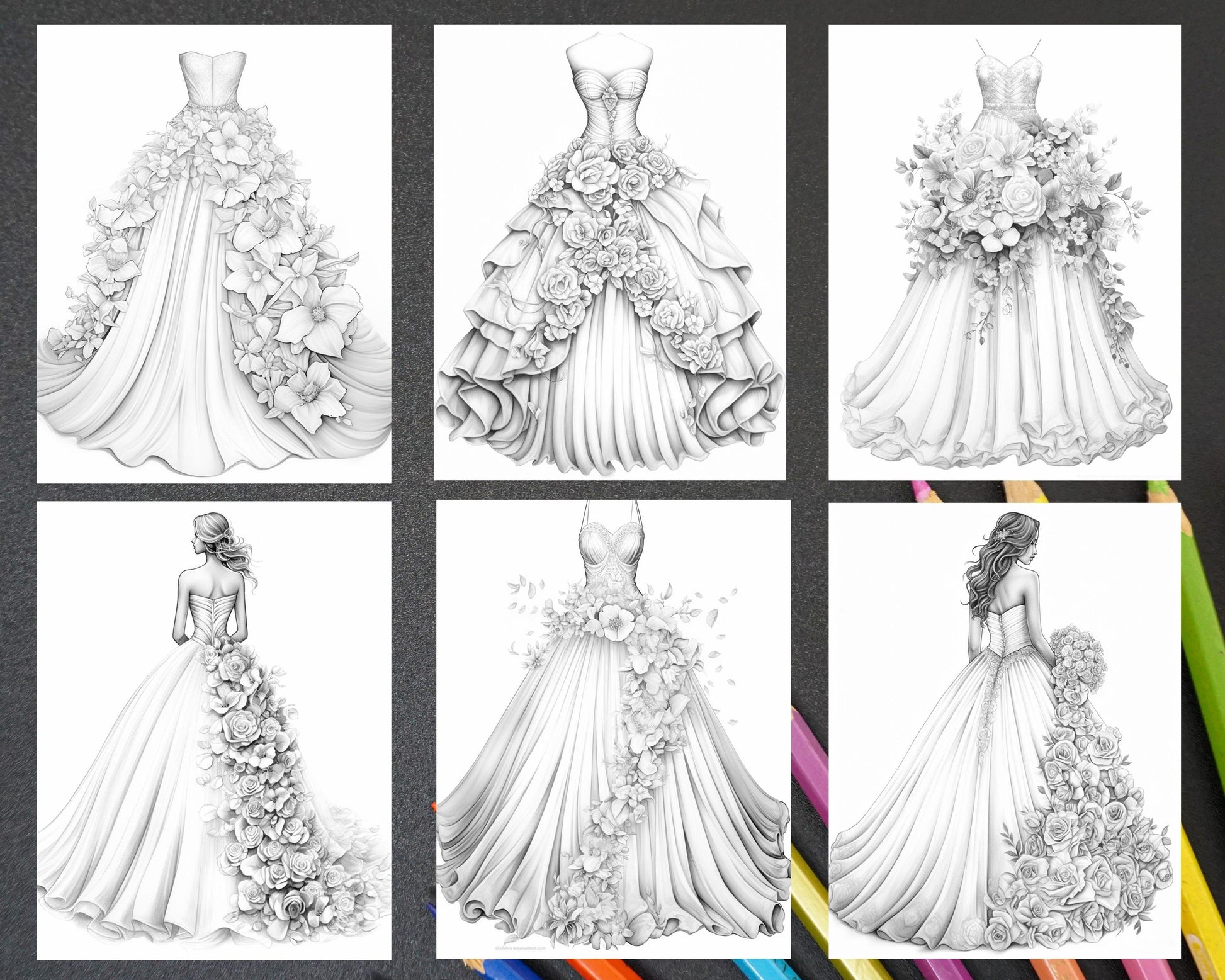 40 Elegant Floral Wedding Dresses Grayscale Coloring Pages Printable f – RASPIEE 40 Elegant Floral Wedding Dresses Grayscale Coloring Pages Printable f – RASPIEE