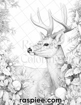 50 Christmas Deer Grayscale Coloring Pages for Adults, Printable PDF I ...