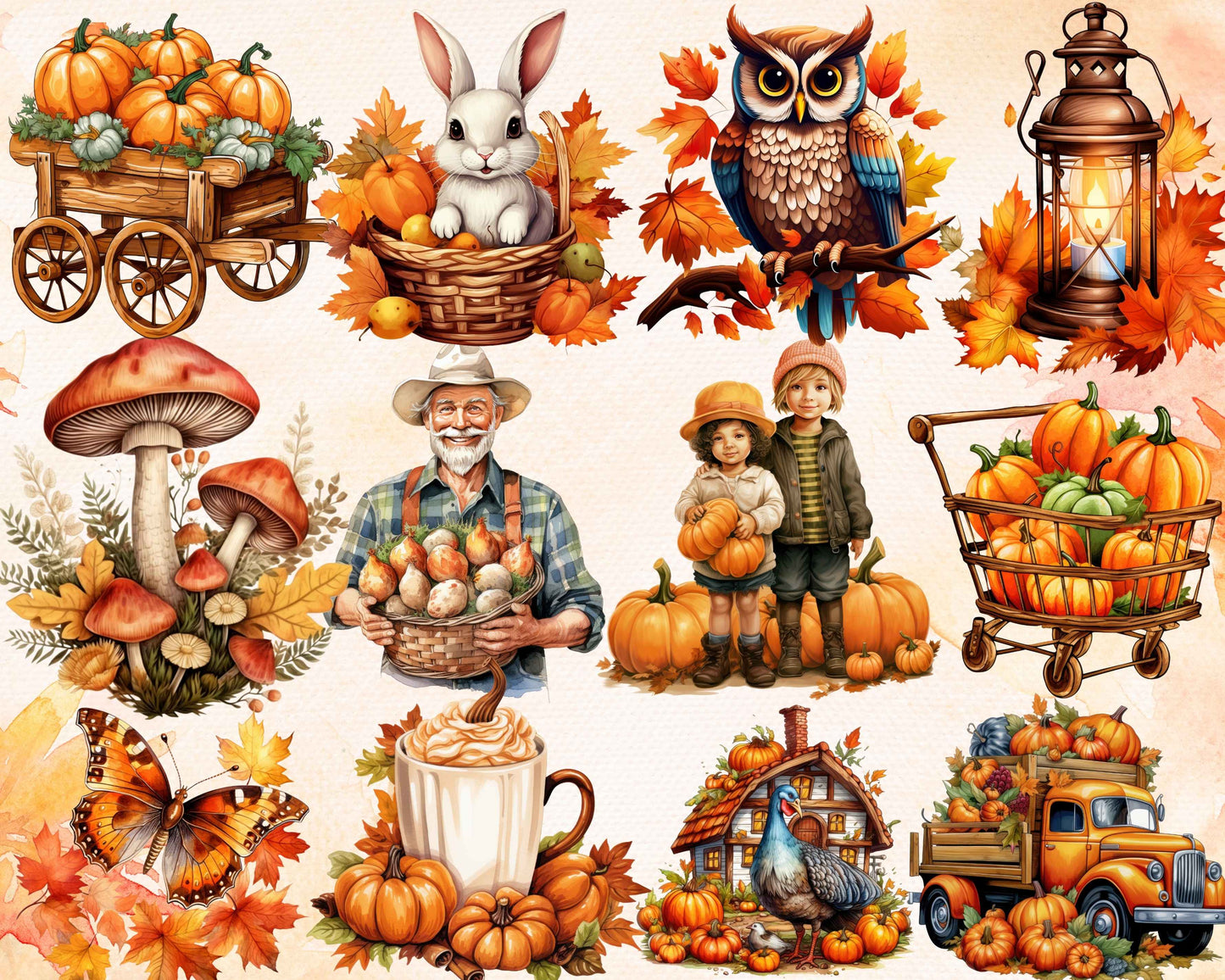300+ PNG Watercolor Autumn Clipart Mega Bundle, Fall Season Illustrations for Sublimation Printing