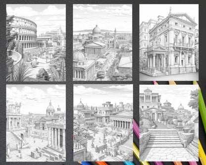 Roman architecture grayscale coloring pages, detailed Colosseum illustrations, printable adult coloring, ancient Roman columns, intricate architectural designs