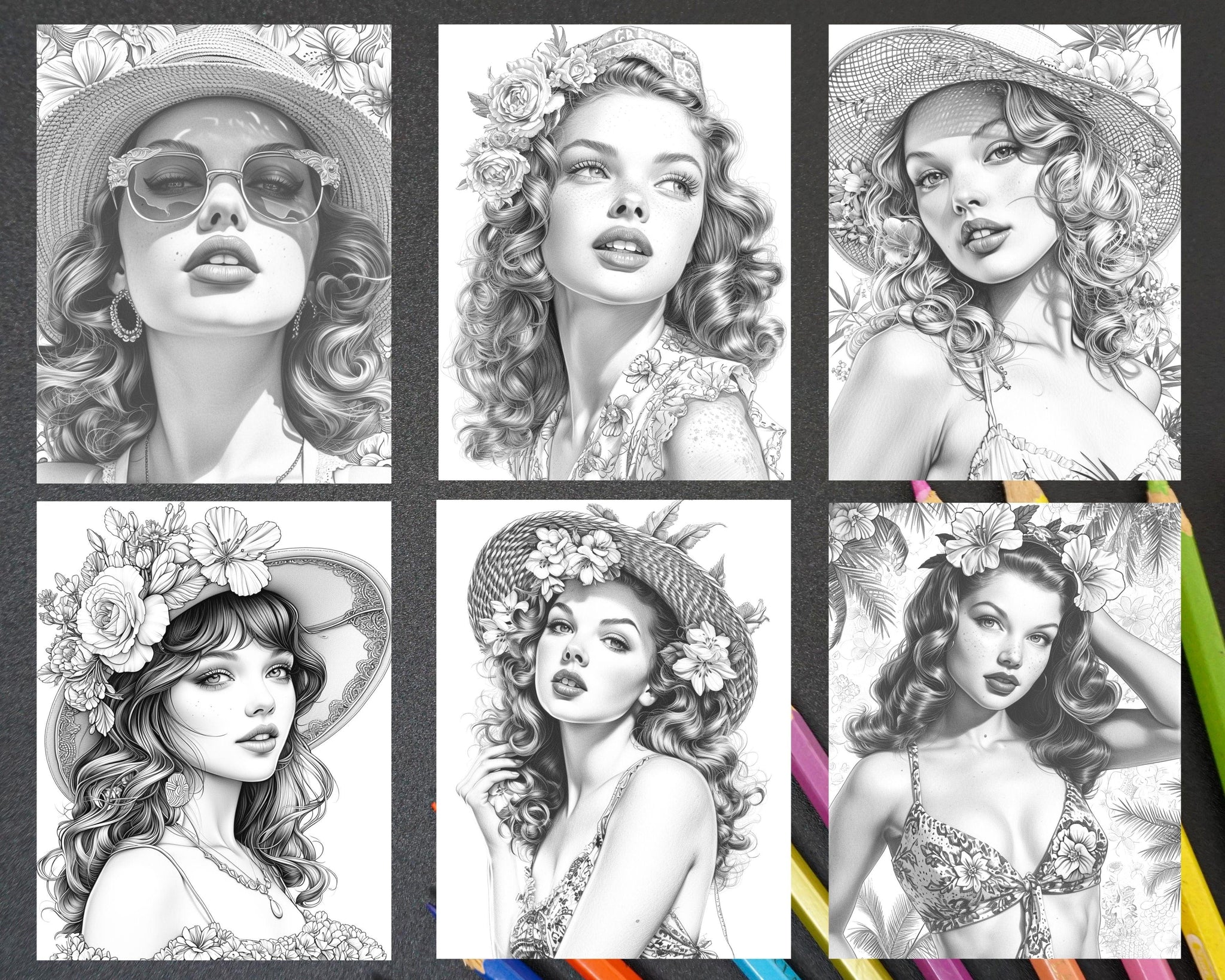 50 Vintage Spring Pin Up Girls Grayscale Adult Coloring Pages,