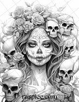 50 Day of the Dead Grayscale Coloring Pages Printable for Adults, PDF ...