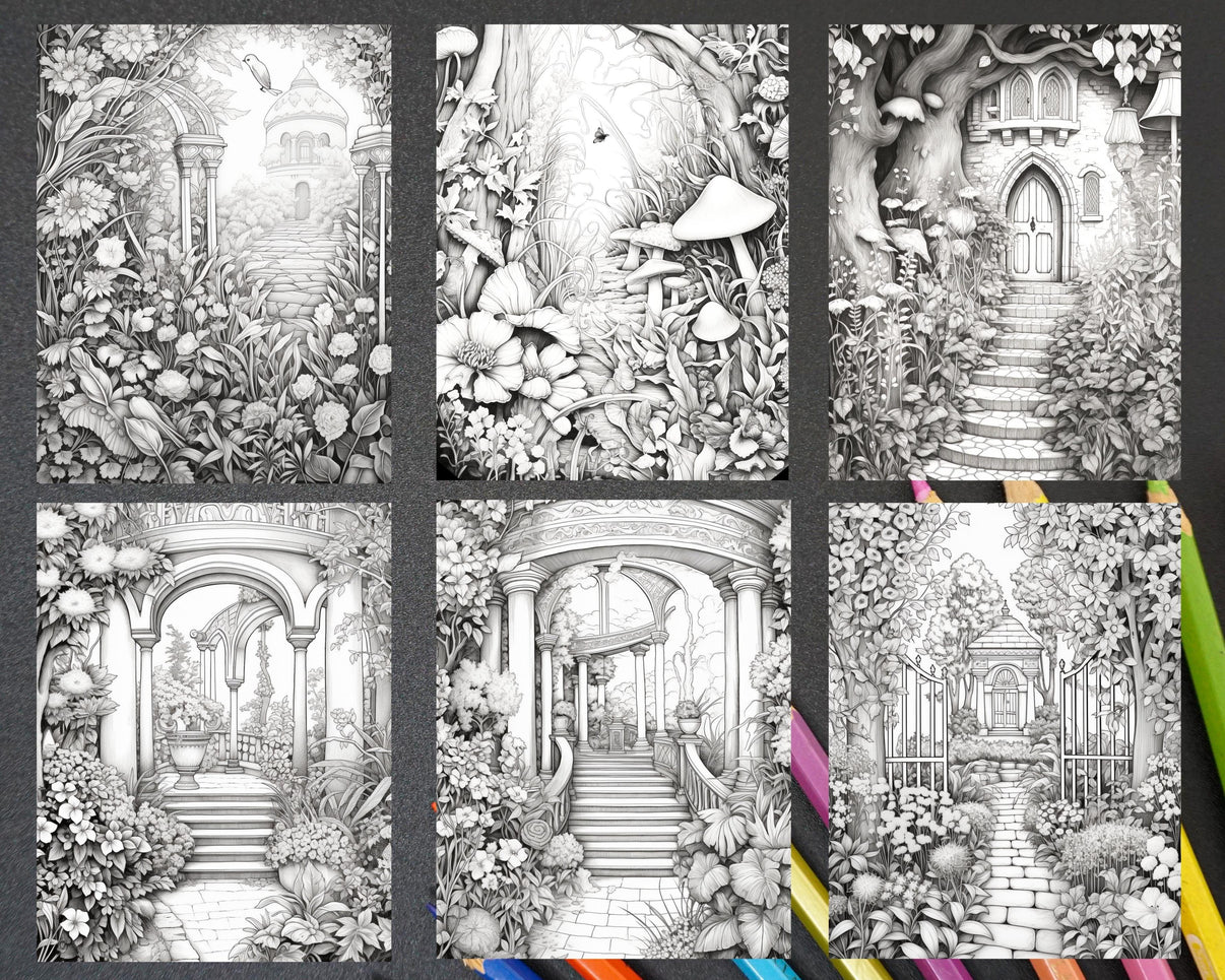 Secret Garden Coloring Pages Printable for Adults, Grayscale Coloring