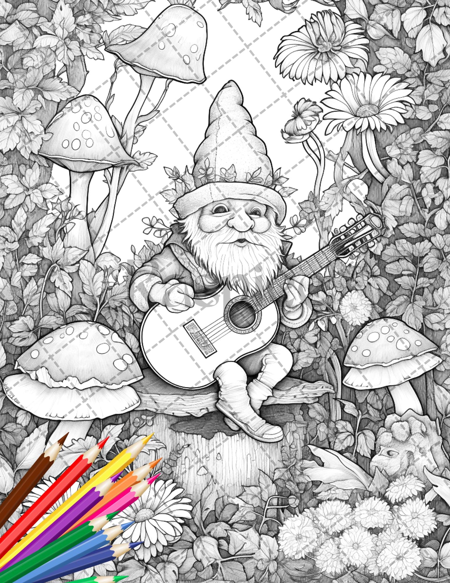 30 Enchanted Gnome Coloring Pages Printable for Adults, Grayscale Coloring Book, Gnome Coloring Sheets for for Relaxation and Stress Relief - raspiee