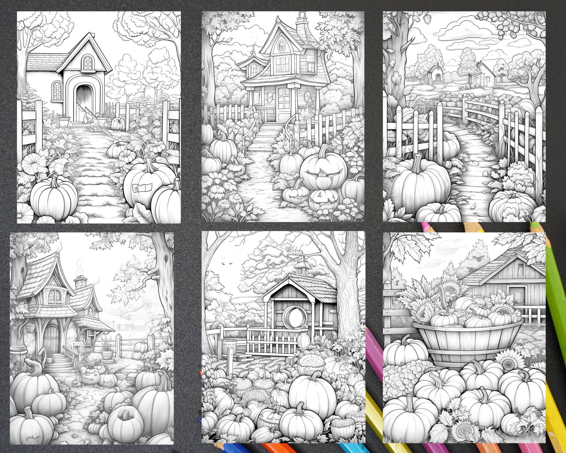 grayscale coloring pages, printable art, pumpkin garden scenery, adult coloring, fall art, autumn coloring pages, halloween coloring pages, fall coloring pages