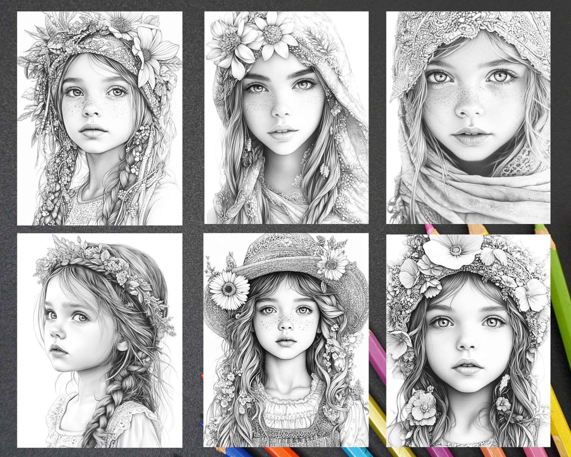 88 Bohemian Little Girls Portrait Adult Coloring Pages