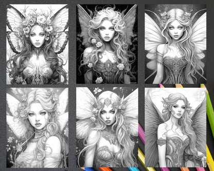 dark fairy grayscale coloring page for adults, printable fantasy coloring page with beautiful fairy, instant download black and white fairy coloring art
