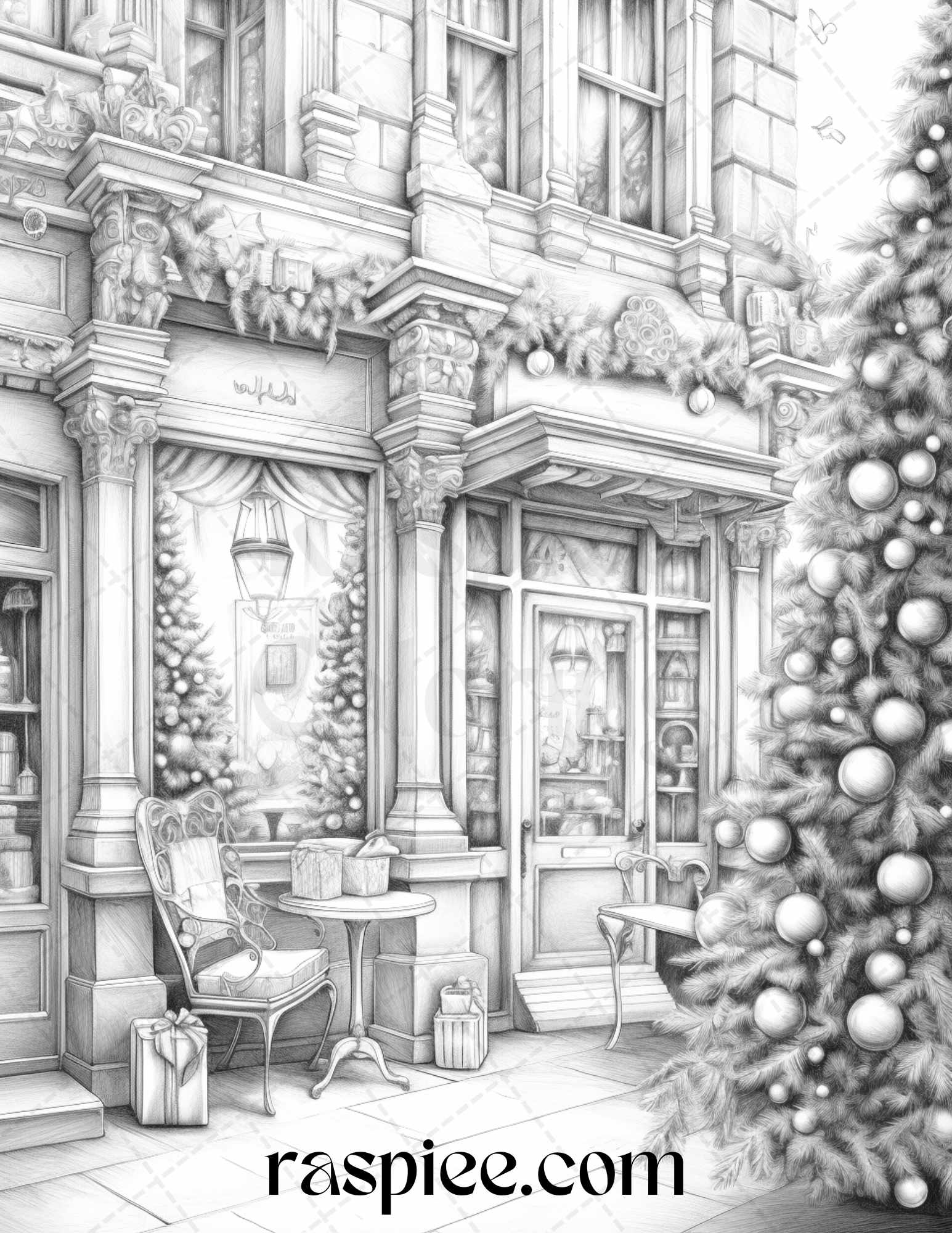 Christmas grayscale coloring page for adults, Adult coloring sheet winter decoration, Detailed winter coloring page instant download, DIY holiday craft coloring activity, Relaxing winter coloring for adults, Printable Christmas decorations to color, Seasonal adult coloring fun download, Festive grayscale holiday coloring design