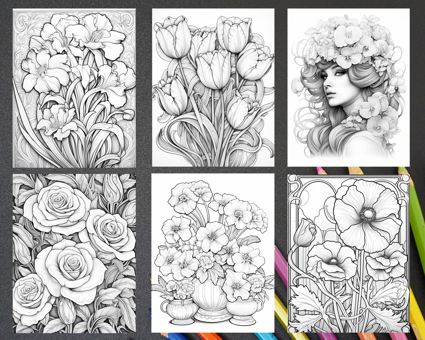 adult coloring pages, adult coloring sheets, adult coloring book pdf, adult coloring book printable, grayscale coloring pages, grayscale coloring books, spring coloring pages for adults, spring coloring book pdf, flower coloring pages for adults, flower coloring book pdf, art nouveau flowers coloring pages